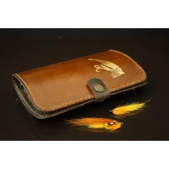 Art Merk Tube Fly Wallet. LARGE. Brown Leather & Fly In Gold